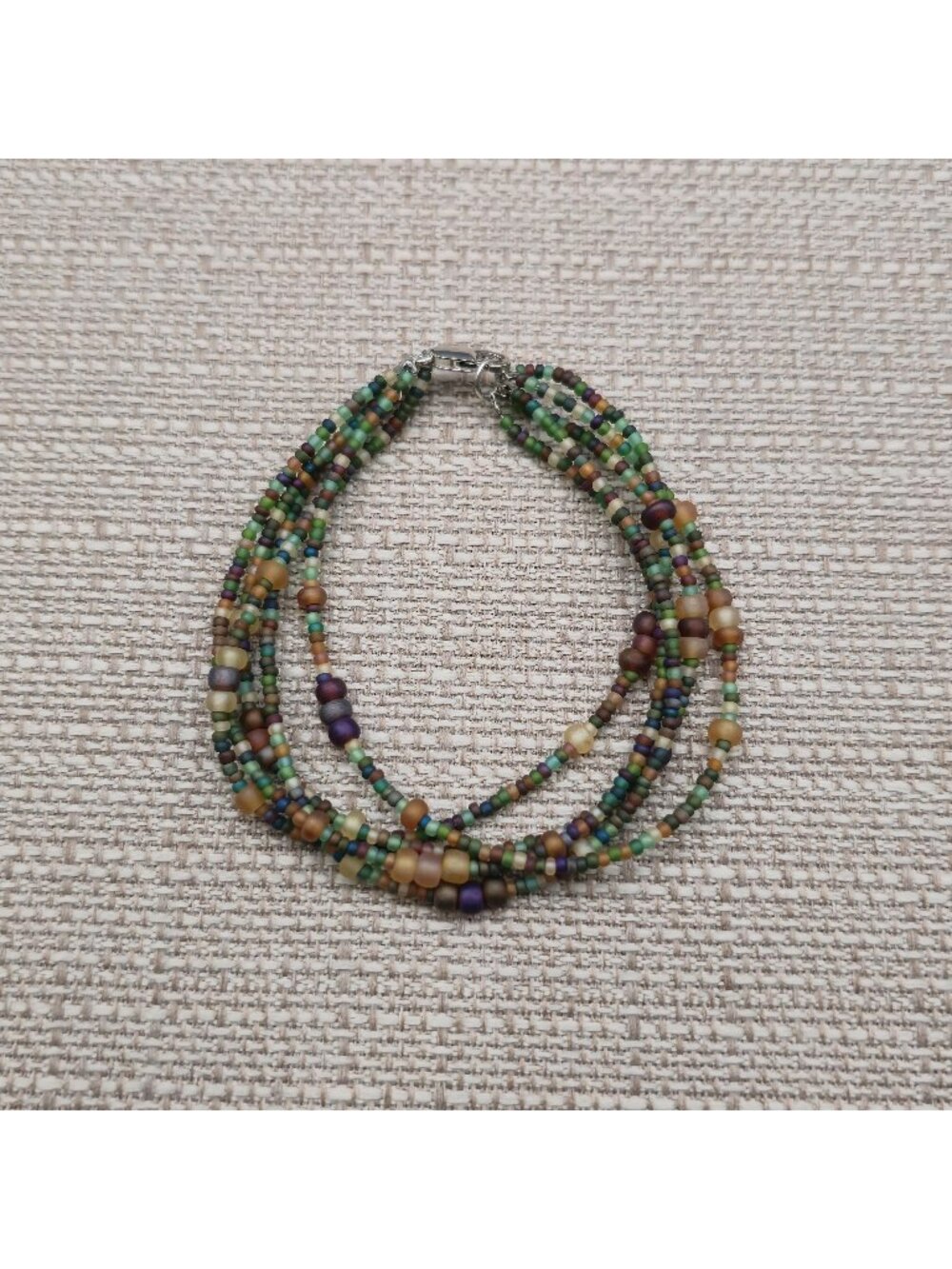7.5 Inch Sterling Silver Boho Layered Seed Bead Earth Tones Bracelet B1375